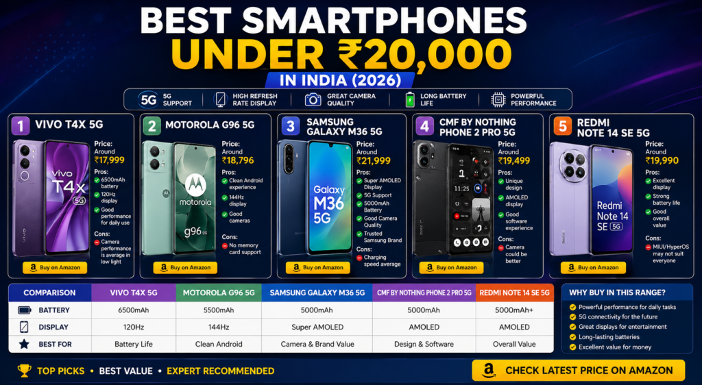 Best Smartphones Under ₹20,000 in India 2026 comparison featuring Vivo T4x 5G, Motorola G96 5G, Samsung Galaxy M36 5G, CMF Phone 2 Pro 5G and Redmi Note 14 SE 5G